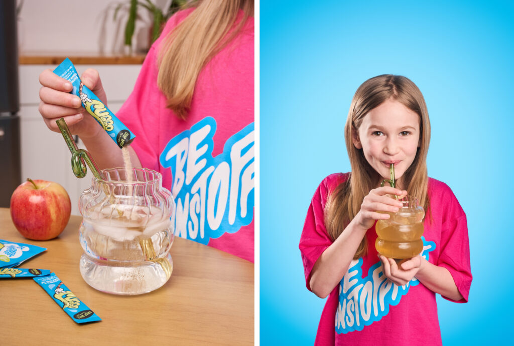 Flavor-forward product photography featuring CUGGO, a crisp-apple hydration drink for kids. 