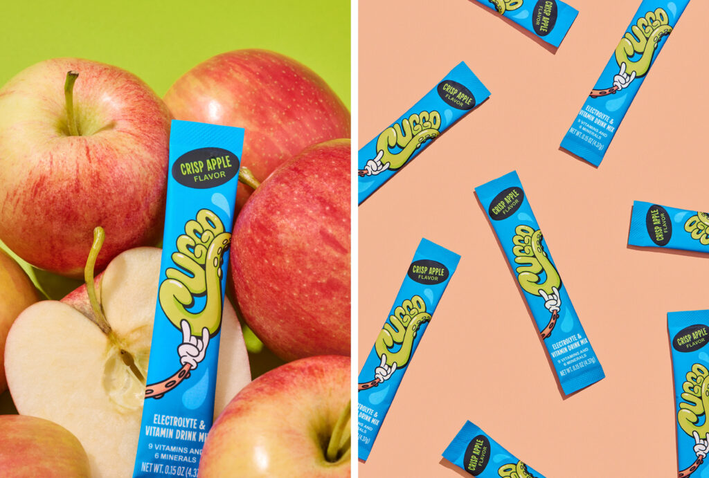 Flavor-forward product photography featuring CUGGO, a crisp-apple hydration drink for kids. 